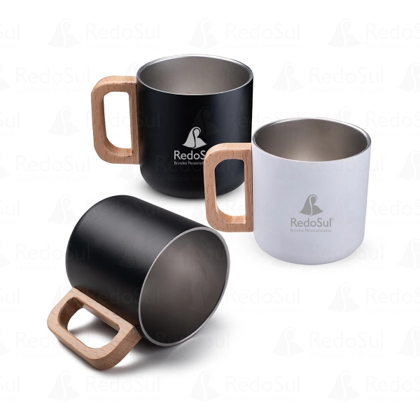 Caneca Térmica Personalizada 400 ml com Alça em Madeira