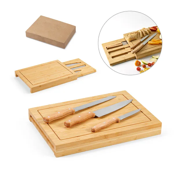 RD 94339-kit churrasco personalizado com 2 de tábuas em bambu com 3 facas inclusas