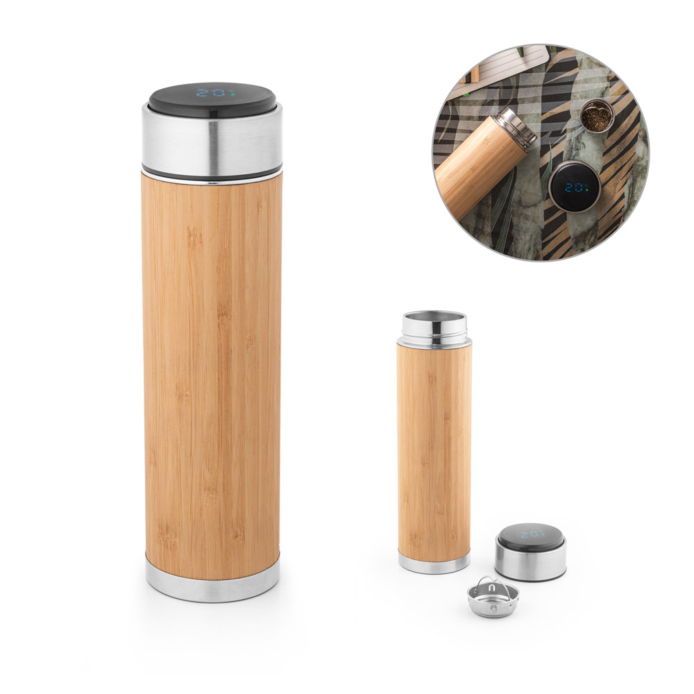 Squeeze térmico personalizado em aço inox reciclado e bambu com termómetro digital 430 ml