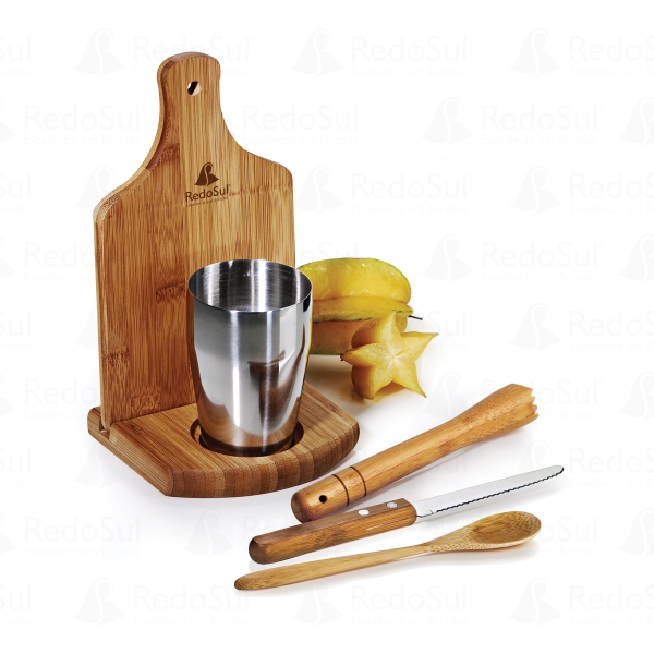 Kit Para Caipirinha Personalizado em Bambu  com Copo Inox